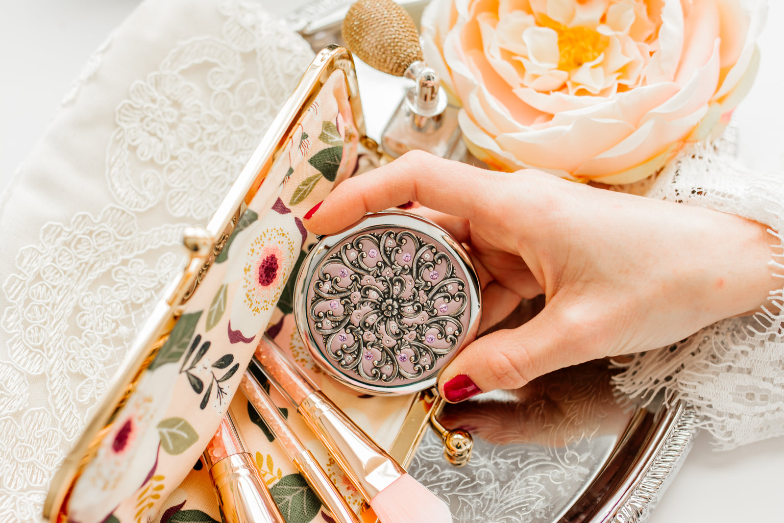 Compact Mirror with Pill Box and Flower and Scrolls Filigree