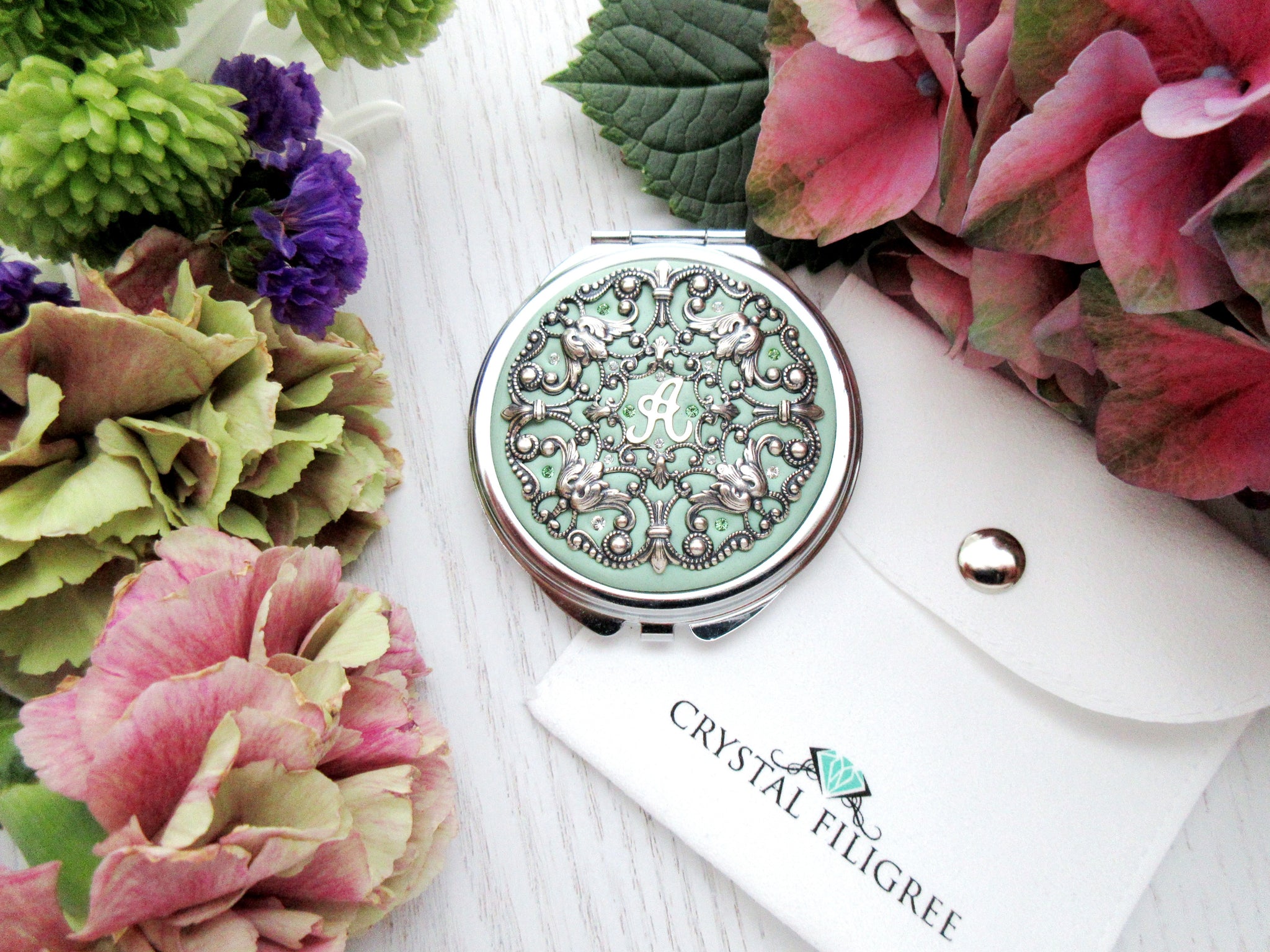 Personalized Compact Mirror - Crystal Filigree