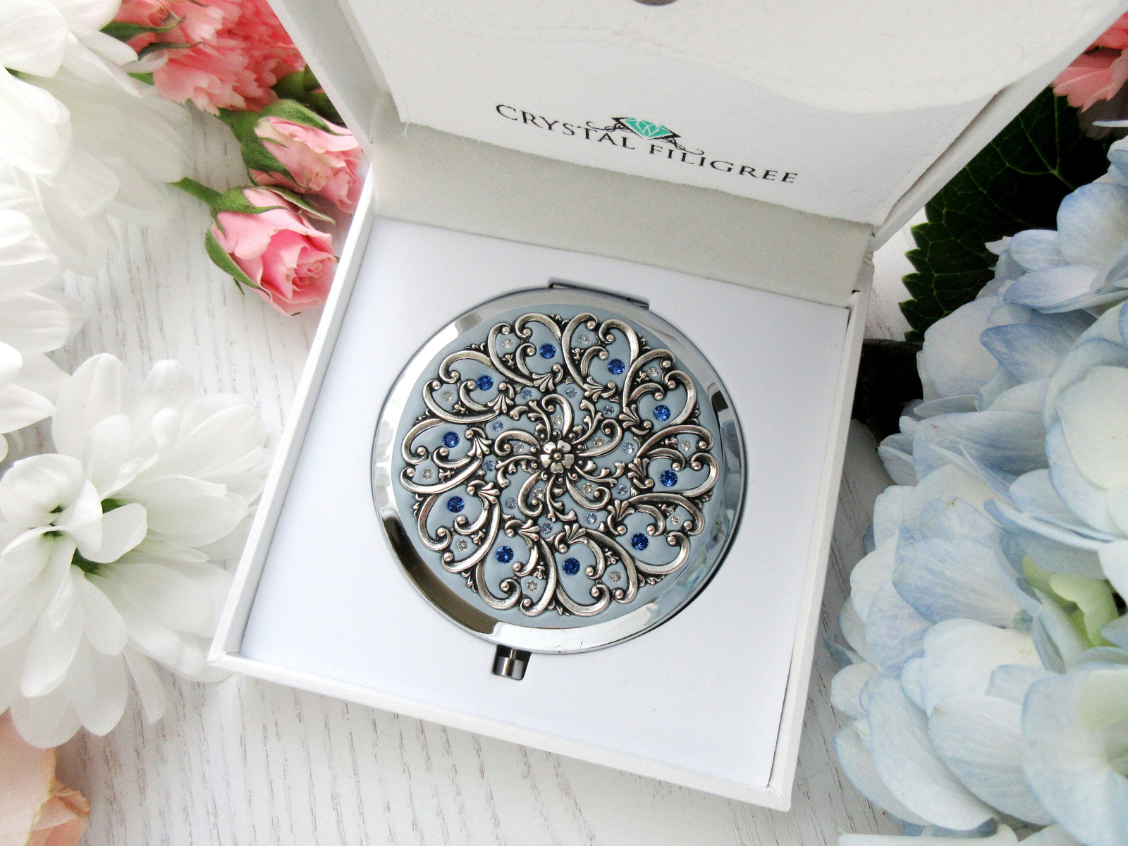 Classic Silver Filigree Flower Compact Mirror