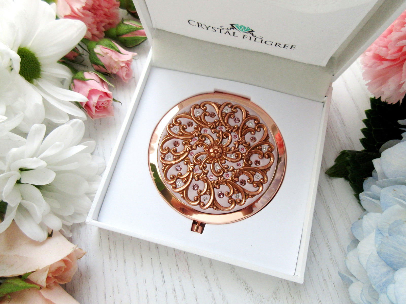 Rose Gold Filigree Compact Mirror
