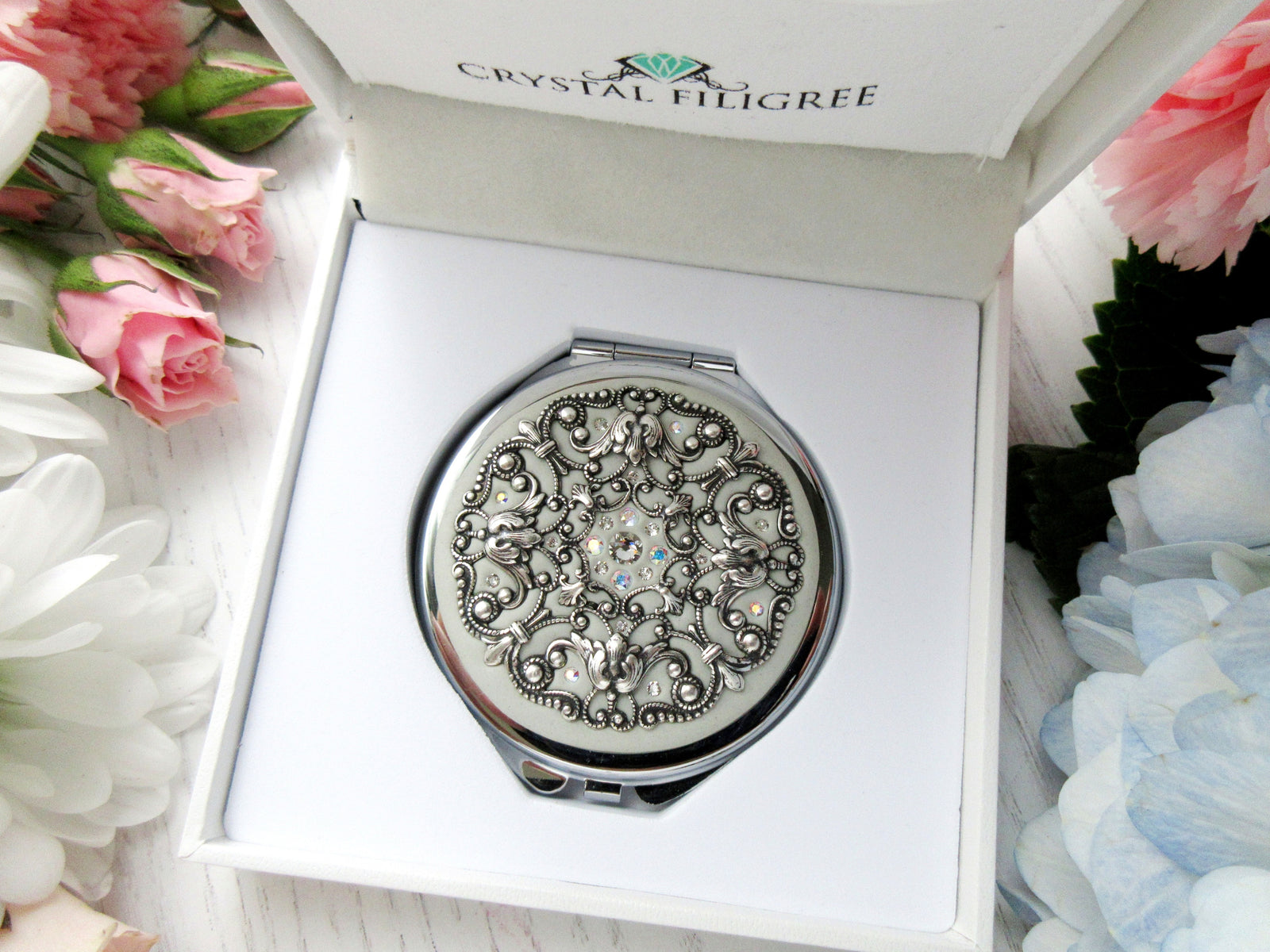 Centerstone Silver Ornate Filigree Compact Mirror