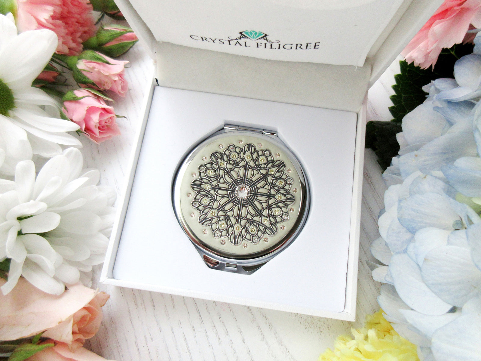 Centerstone Silver Lace Filigree Compact Mirror