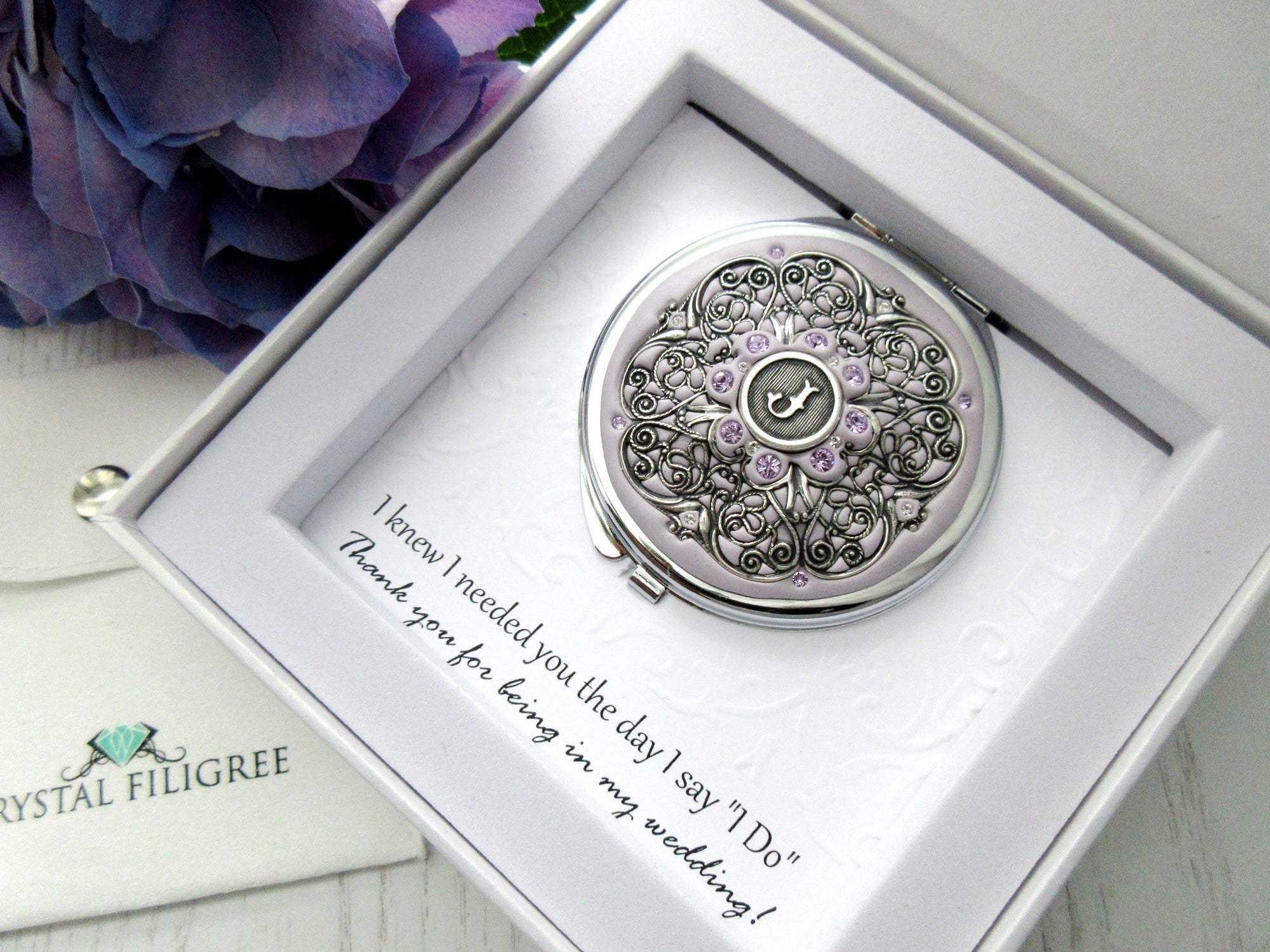 Personalized Compact Mirror in Silver with Gift Box and Card