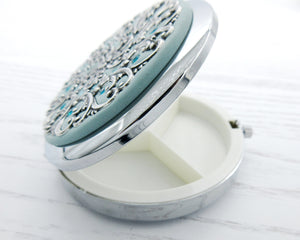 Compact Mirror with Pill Box and Flower and Scrolls Filigree