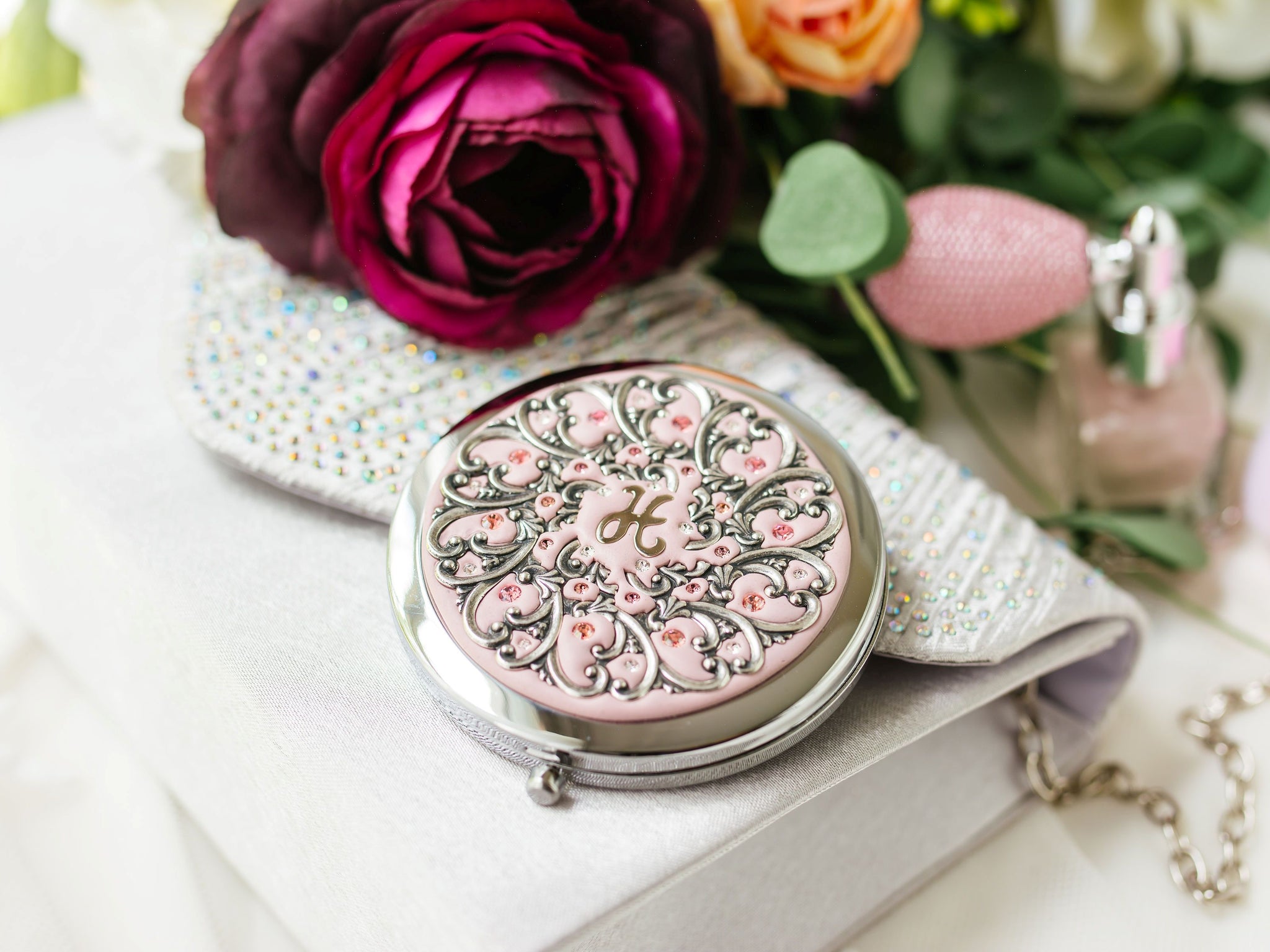 Personalized Compact Mirror - Crystal Filigree