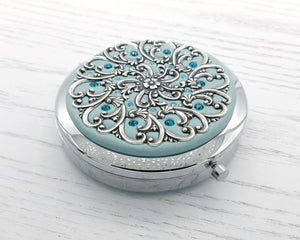 Compact Mirror with Pill Box and Flower and Scrolls Filigree
