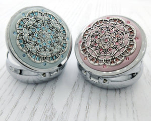 Crystalized Silver Pill Box with Lace Filigree